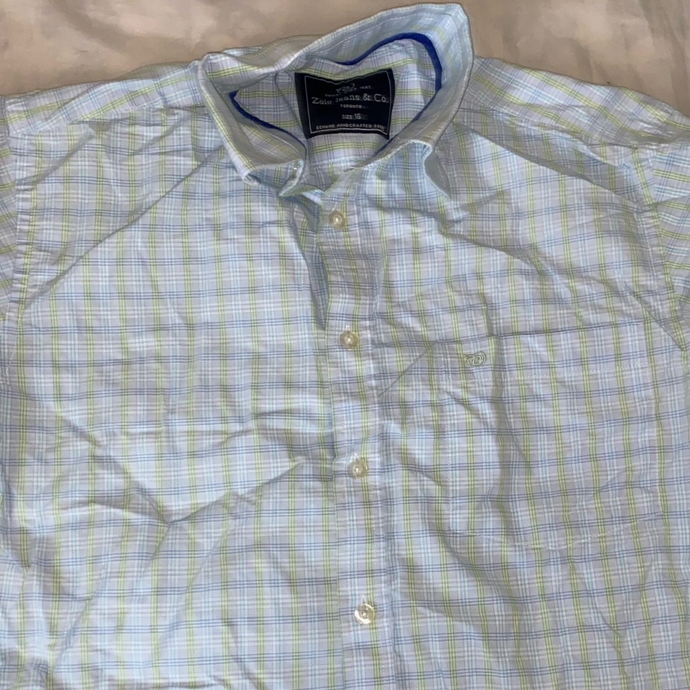 Iight green & blue button-down t-shirt